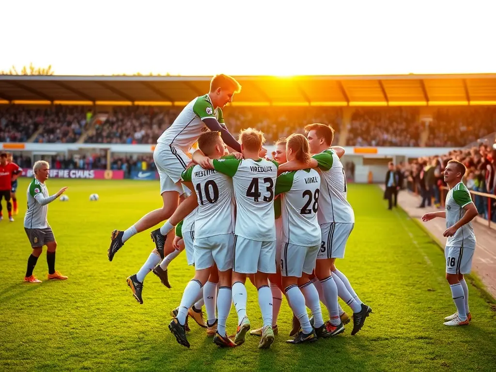 A photograph of the V.V. Vrederust U15 team celebrating a victory, highlighting their camaraderie and competitive spirit.