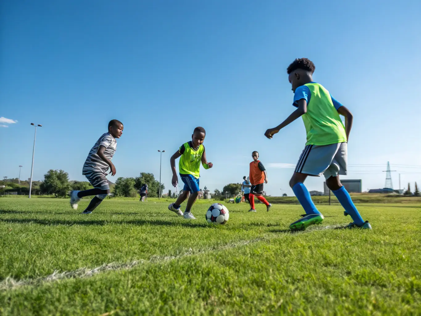 A dynamic action shot of the V.V. Vrederust U10 team during a match, showcasing their teamwork and enthusiasm.